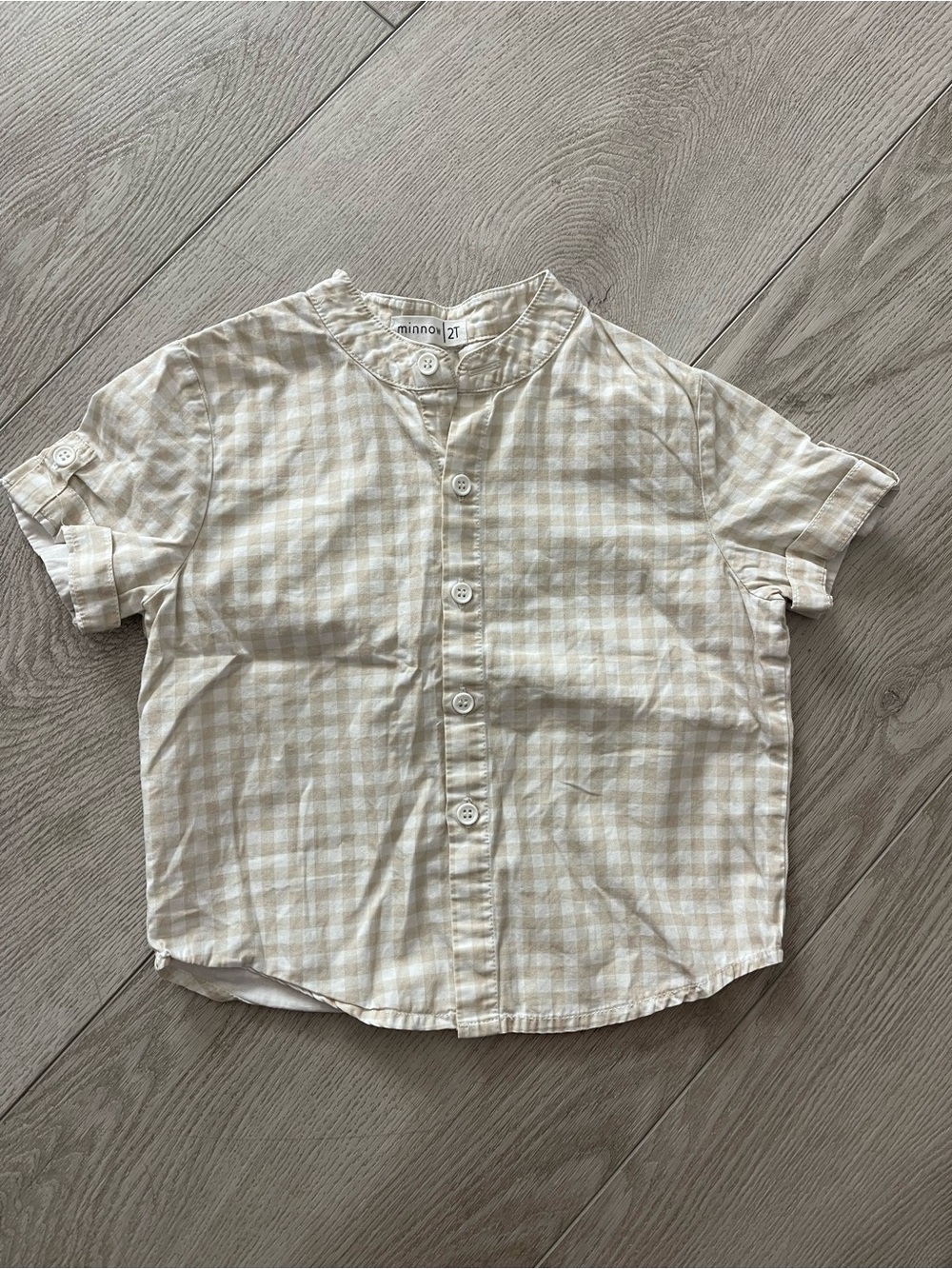 Minnow boys tan gingham button down shirt size 2T VGUC